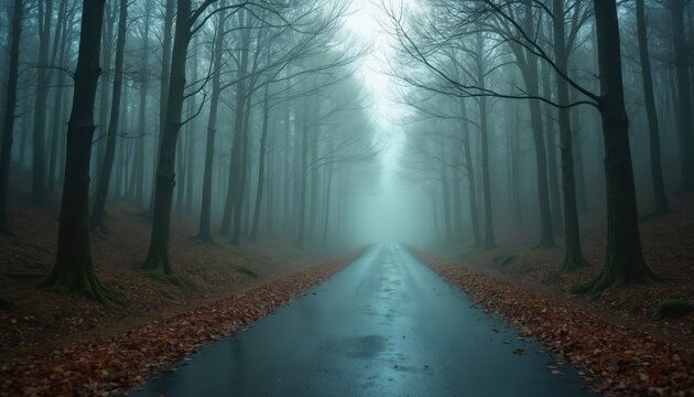 Foggy forest road with bare trees and fallen leaves on wet asphalt. A misty path leads into the dense woodland during late autumn or early spring. - Powered by Adobe