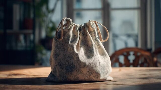 Fabric drawstring bag resting on wooden table in sunny interior  