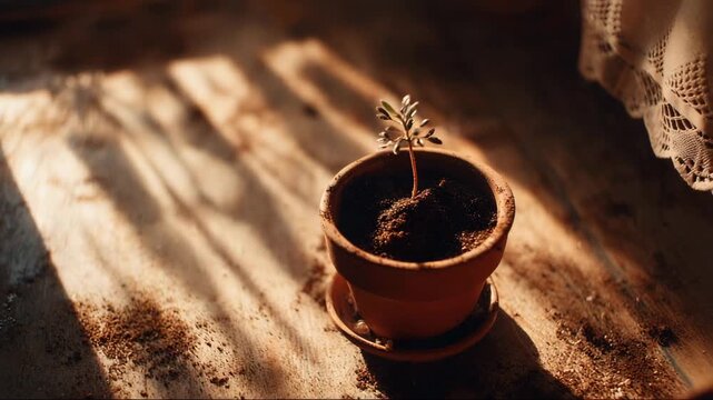 Small plant growing in terracotta pot with sunlight streaming in  