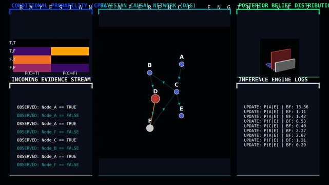 Abstract Probabilistic Graphical Model Bayesian Inference Engine with Directed Acyclic Graph Network and Posterior Belief Distribution for AI and Data Science Statistical Learning Concept Animation