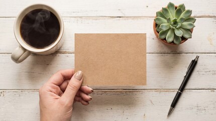 A top-down flat lay shows a hand with neutral nail polish holding a blank kraft paper card on a rustic white wood table. A steaming mug of coffee is in the upper left, while a small succulent in a