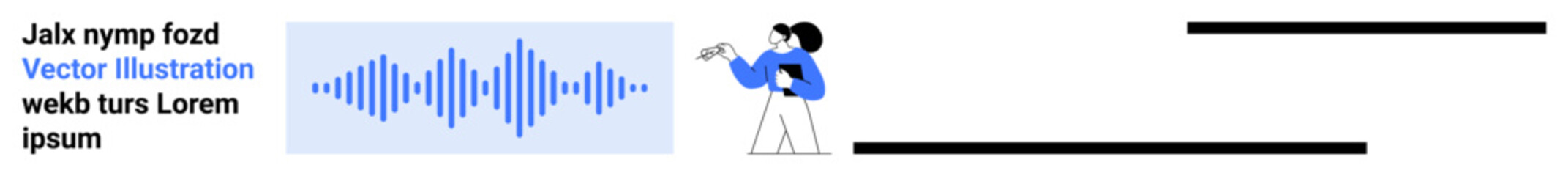 Audio technology, sound communication, digital media, apps interface, content sharing, speech analysis. Waveform with a woman gesturing near screen. Audio technology and sound communication