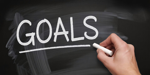 Motivational business goals handwritten on a classic chalkboard