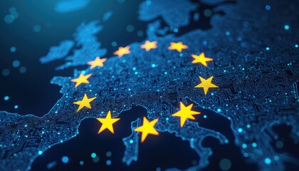 Plakat European Union map outlined on digital circuit board. Yellow stars of EU flag embedded, signifying unity and technological advancement. Global network security and data protection themes.