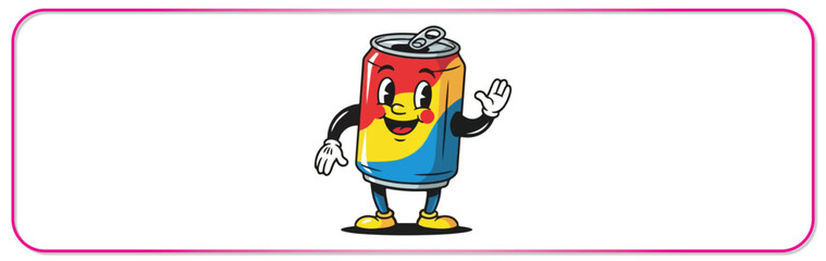 Friendly soda can mascot waving with colorful design