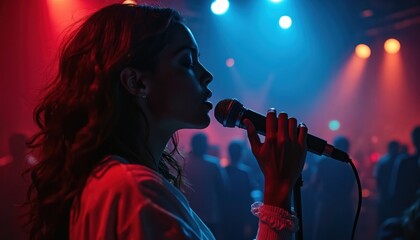 Woman sings with passion into microphone on stage under colored lights. Crowd watches artist perform live music in nightclub. Energetic night show with vocal talent.