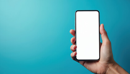 Hand holds a modern smartphone with blank white screen. Person uses mobile device against a solid blue background. Digital tech for communication apps.