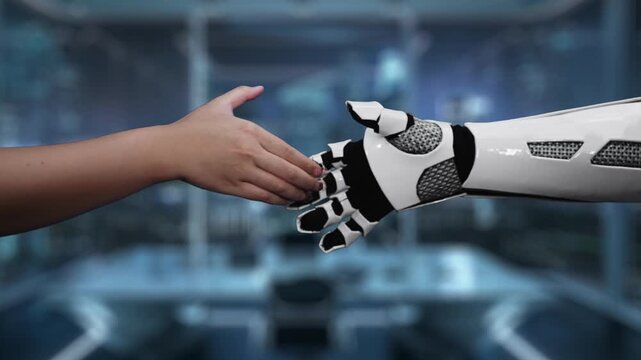 A representation of collaboration between human and robot, showcasing an infinity loop symbol surrounded by various business and technology icons indicative of innovation and progress. Auvana