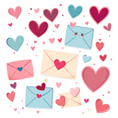 Cute Valentine Envelopes with Hearts. Whimsical vector illustration featuring pastel-colored envelopes and heart icons on a white background