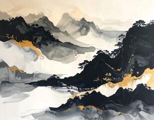 Traditional Chinese Painting of Mountain Landscape.