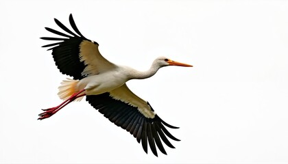 Obraz premium White stork bird in mid flight against plain white background. Bird has long neck, orange beak, and red legs. Wings are spread wide showing black flight feathers.