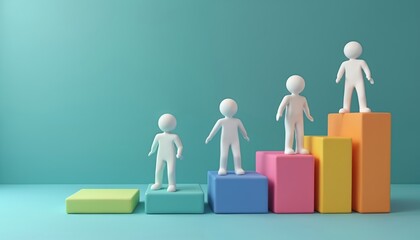 White figures stand on colorful blocks representing growth or market share. These figures suggest a business concept, analysis, or hierarchy. This graphic depicts progress or comparison.