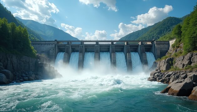 Massive concrete dam releases powerful waterfall, generating clean hydroelectric power. Water flows through turbines creating renewable energy. Mountains, forest surround scenic reservoir with blue