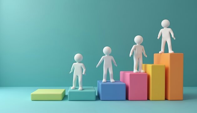 White figures stand on colorful blocks representing growth or market share. These figures suggest a business concept, analysis, or hierarchy. This graphic depicts progress or comparison. - Powered by Adobe