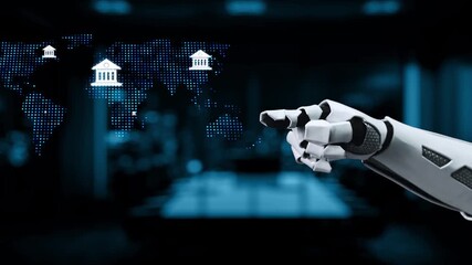 A futuristic robot hand interacts with digital icons representing financial institutions, illustrating AI innovation and transformation in modern banking technology. Synapse - Powered by Adobe