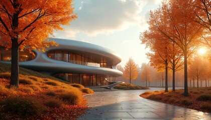 Futuristic architecture building with autumn trees, orange foliage, and fallen leaves covering paved walkway. Sleek modern design contrasts with natural autumnal colors and landscape during sunny day.