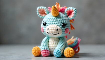 Sweet handmade crocheted unicorn toy sitting on a solid colorful background. Soft knitted texture, adorable design, and child-friendly appearance. Perfect for baby products, nursery decor, kids, card
