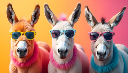 A vibrant row of colorful donkeys wearing carnival costumes, hats, and sunglasses, celebrating in a bold pop art style. Playful, humorous, and eye-catching composition inspired, Cologne carnival alaaf