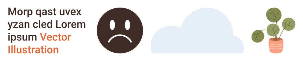 Fototapeta premium Emotional expression, mental health, minimalism, weather, nature, indoor decor. A sad face emotion, a cloud and a green potted plant. Mental health and minimalism concept