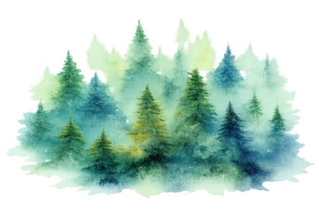 Fototapeta premium Watercolor pine forest painting with fir trees in misty nature, artistic hand-painted illustration on transparent background