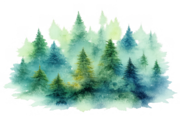 Watercolor pine forest painting with fir trees in misty nature, artistic hand-painted illustration on transparent background