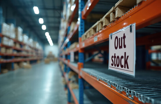 Empty warehouse shelves display an Out of stock sign. This visual highlights supply chain issues and product shortages in retail and business environments, signifying problems with goods availability.