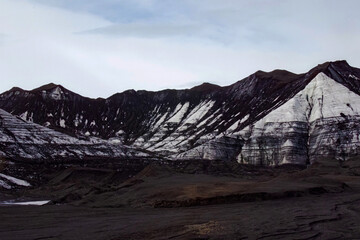 Black Volcanic Desert With Snowy Mountains in Iceland