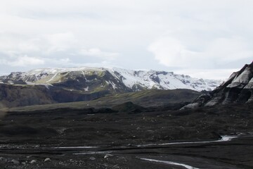 Black Volcanic Desert With Snowy Mountains in Iceland