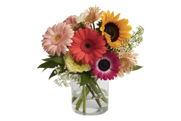 Bright and colorful bouquet of flowers in a clear glass vase isolated on transparent background