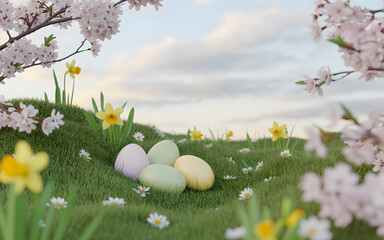 Happy easter sunday morning with colorful eggs and flowers in bloom