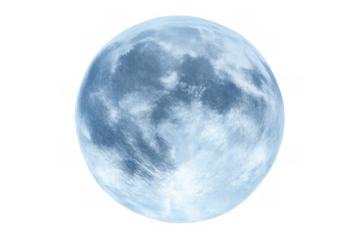 Blue full moon glowing on transparent background, showing lunar surface details and scientific space concept