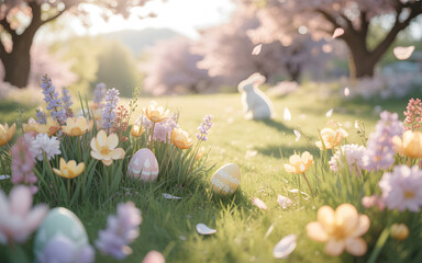 Happy easter sunday morning with easter bunny in blooming garden of colorful flowers and trees on sunny day