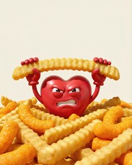 3D cartoon heart standing in cheese puffs and lifting long french fry up