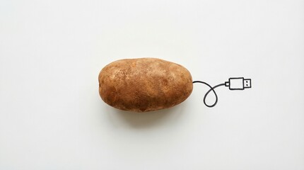 Top view of potato connected to drawn USB charging cable on white surface