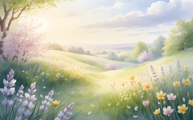 Happy easter sunday wishes with beautiful spring florals and sunny landscape