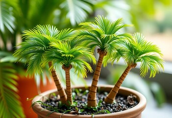 Obraz premium Miniature coconut palm trees in a pot, lush green foliage, indoor plant, sunlight