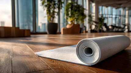 Unrolled white yoga mat on wooden floor in modern fitness center or at home with big windows and white walls, comfortable space for doing sport exercises, meditating.