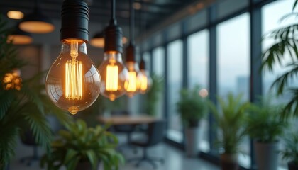Retro filament bulbs glow warmly in a modern office with large windows and green plants. Interior design for energy saving and eco-friendly workspace concept.