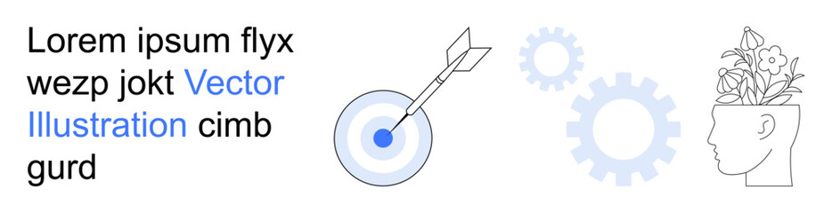 Business planning, goal setting, creative thinking, innovation, personal growth, and development. A target with an arrow, gears and a head with growing flowers. Business planning and creativity © robu_s