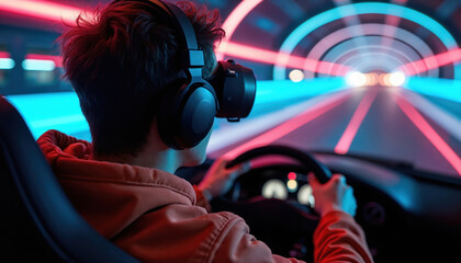 Young man wears VR headset and headphones, grips steering wheel playing car race game. Neon tunnel lights blur past virtual car moving fast. Immersive simulation.
