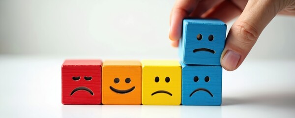 Colored blocks with faces show customer feedback, from happy smiles to sad frowns. A hand adds a block with a negative expression, illustrating service evaluation and user satisfaction.