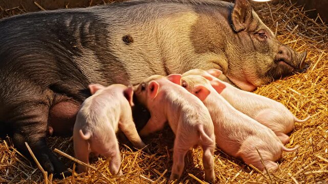 Piglets Nursing From Their Mother Pig in Straw