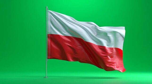 Waving national flag on a pole against a vibrant green background