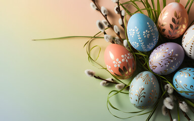 Happy easter sunday celebration with colorful easter eggs and floral decorations