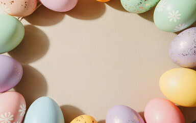 Happy easter sunday wishes with colorful easter eggs on pastel background