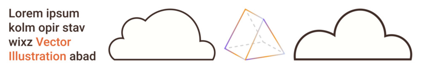 Education, design, infographics, creativity, technology, geometry. Two outlined cloud shapes and a geometric pyramid with placeholder text. Education and geometric design concepts
