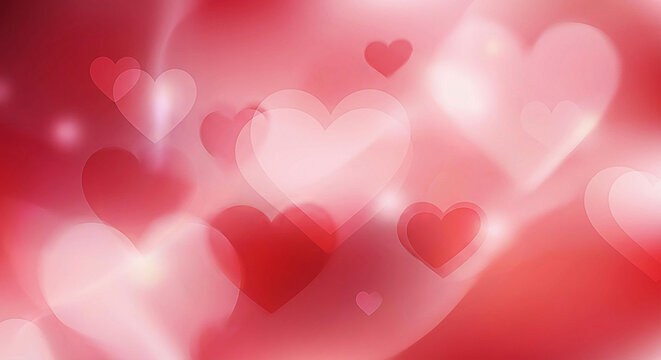 Abstract background with floating hearts in romantic shades of red and pink