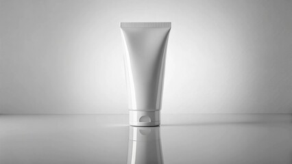 White mockup cosmetic tube angled macro, empty branding area, controlled reflections.