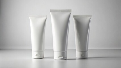 White mockup skincare tube trio, aligned composition, blank surfaces, branding comparison layout.
