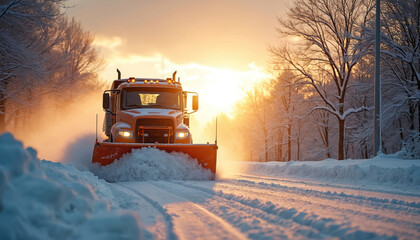 Snowplow truck clears snowy road at sunrise. Orange vehicle pushes deep snow drifts on winter street. Trees covered in frost line path. Early morning service vehicle.